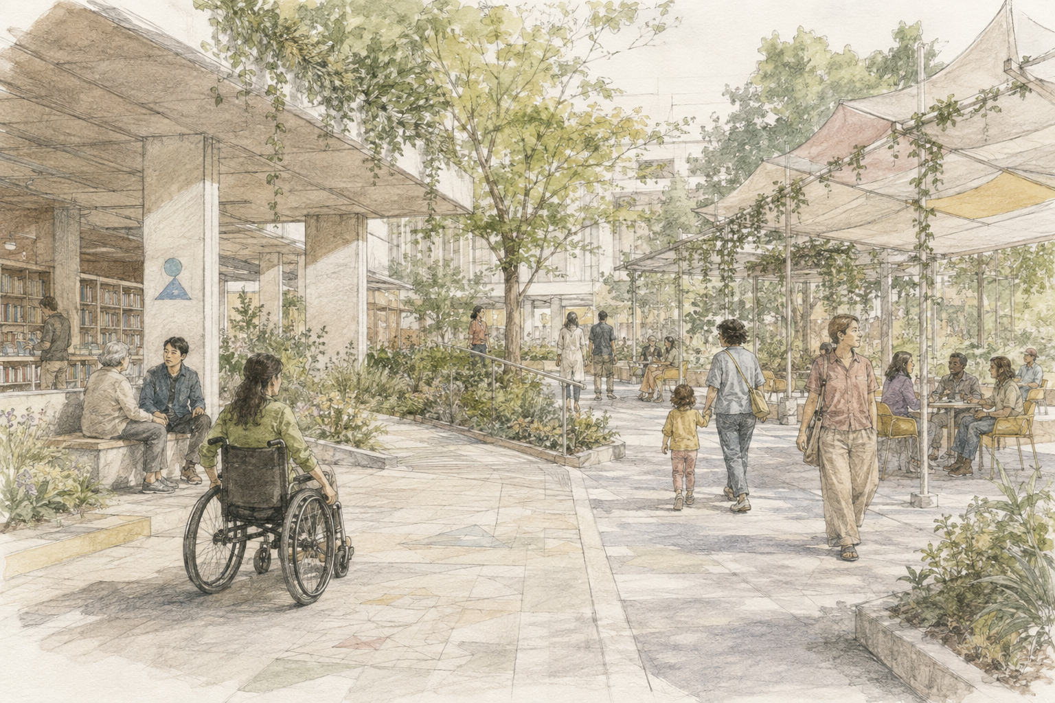 People sharing an accessible garden, library and neighbourhood square